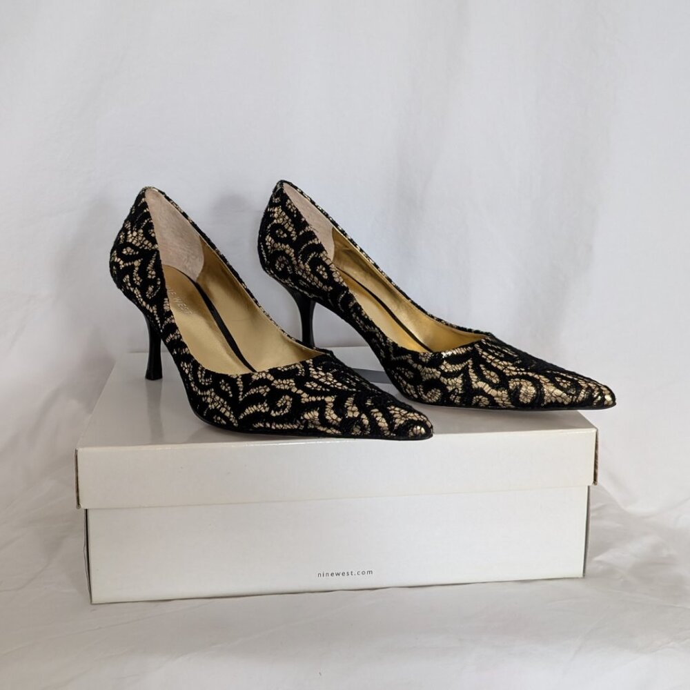 NINE WEST Nuncio Black/Gold Multi Pointed Toe Pumps Women's Size 7.5 - Picture 1 of 8